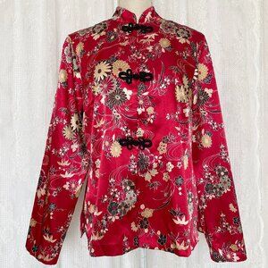 Vintage AGB Byer Women's Top Large Red Satin Asian Tangzhuang Floral LNY Blouse